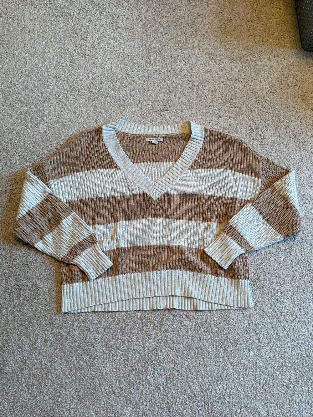 American Eagle Outfitters Striped V-Neck Sweater - Cream & Tan